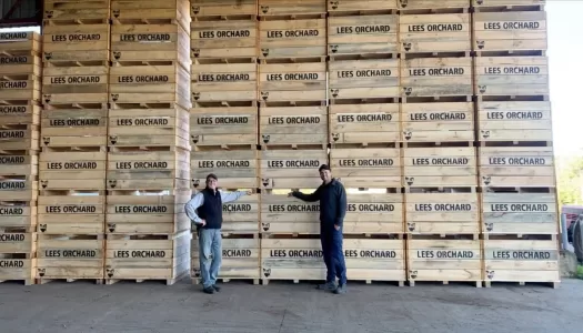 Lees Orchard owners with their half tonne apple bins